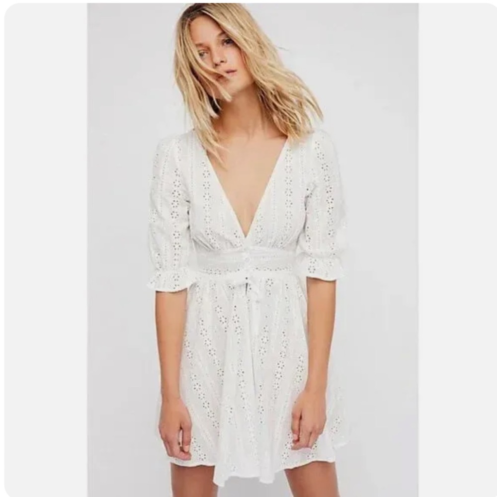 For Love And Lemons White Eyelet Lace Plunging V-Neck Mini Dress